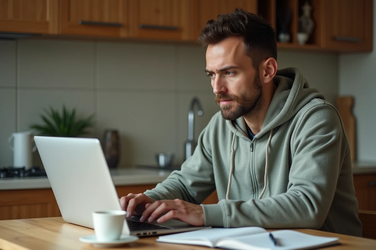 Homme consultant les nouveaux critères France Travail sur son ordinateur portable chez lui