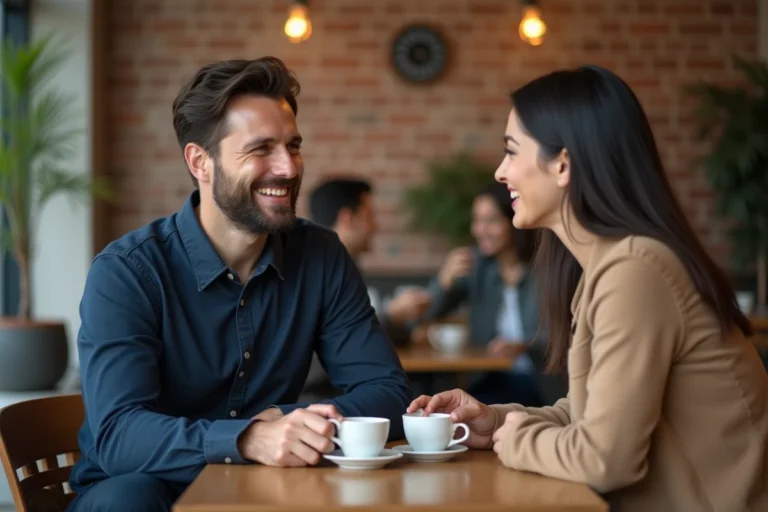 Un homme souriant tendrement à une femme dans un café, illustrant la complicité et la signification du terme 'ma belle' dans une conversation romantique