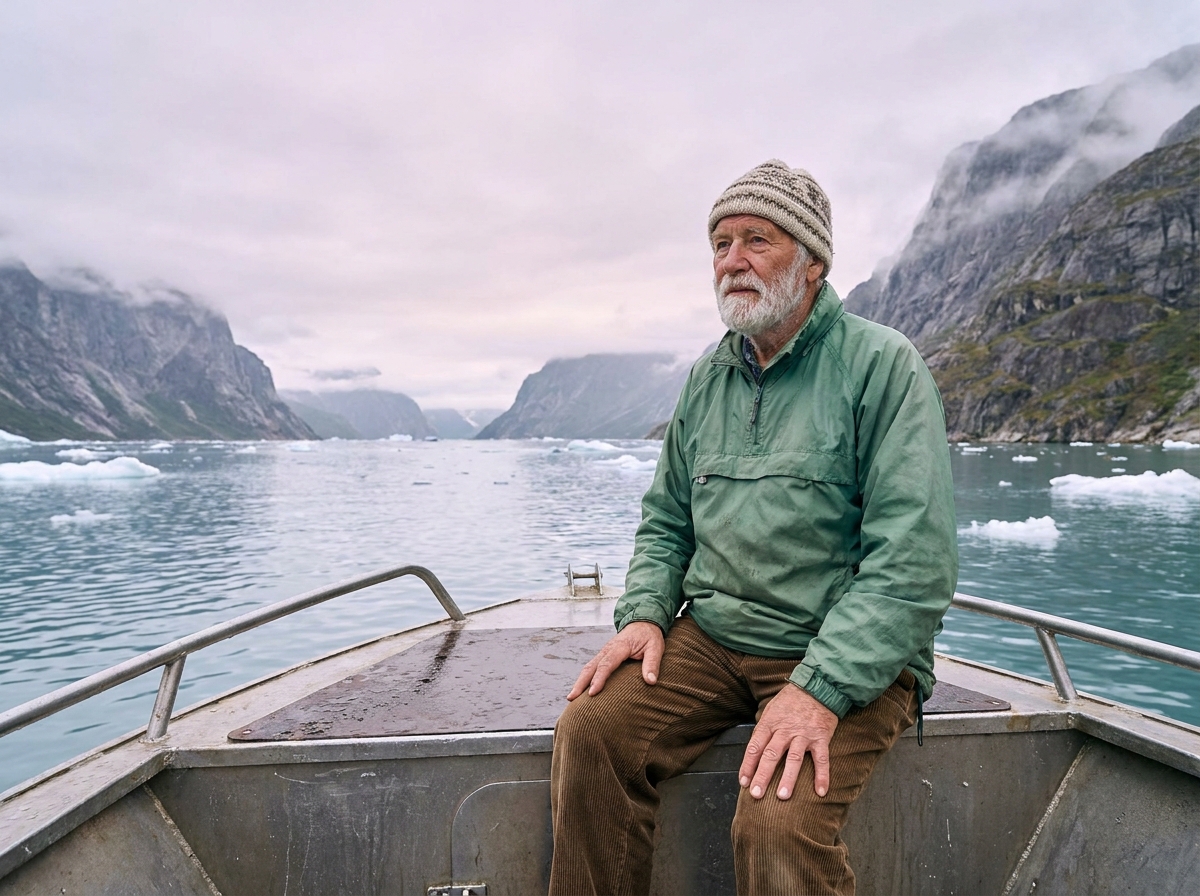 Homme âgé contemplant fjords et falaises rocheuses