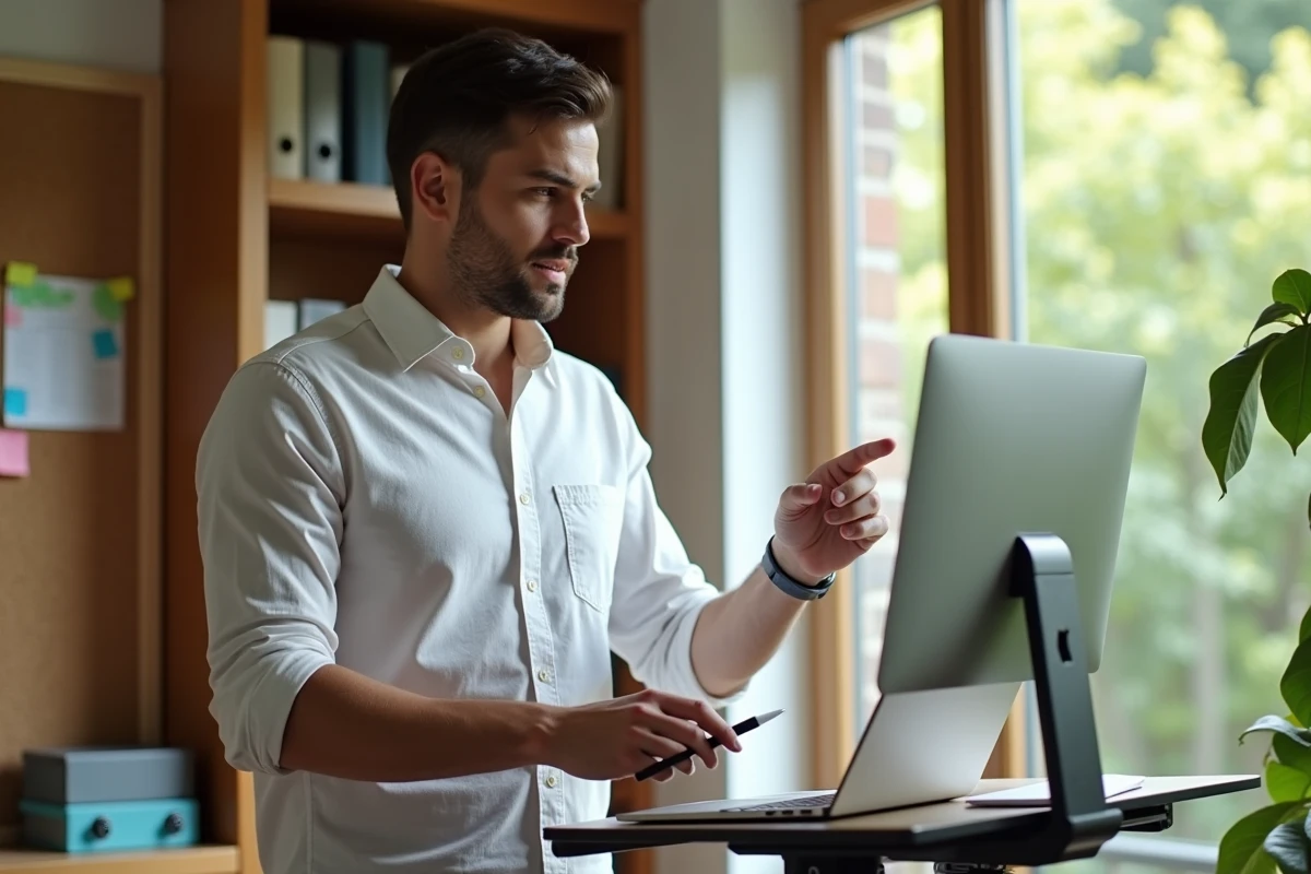Homme en télétravail utilisant un ordinateur portable avec des outils bureautiques dans un bureau à domicile