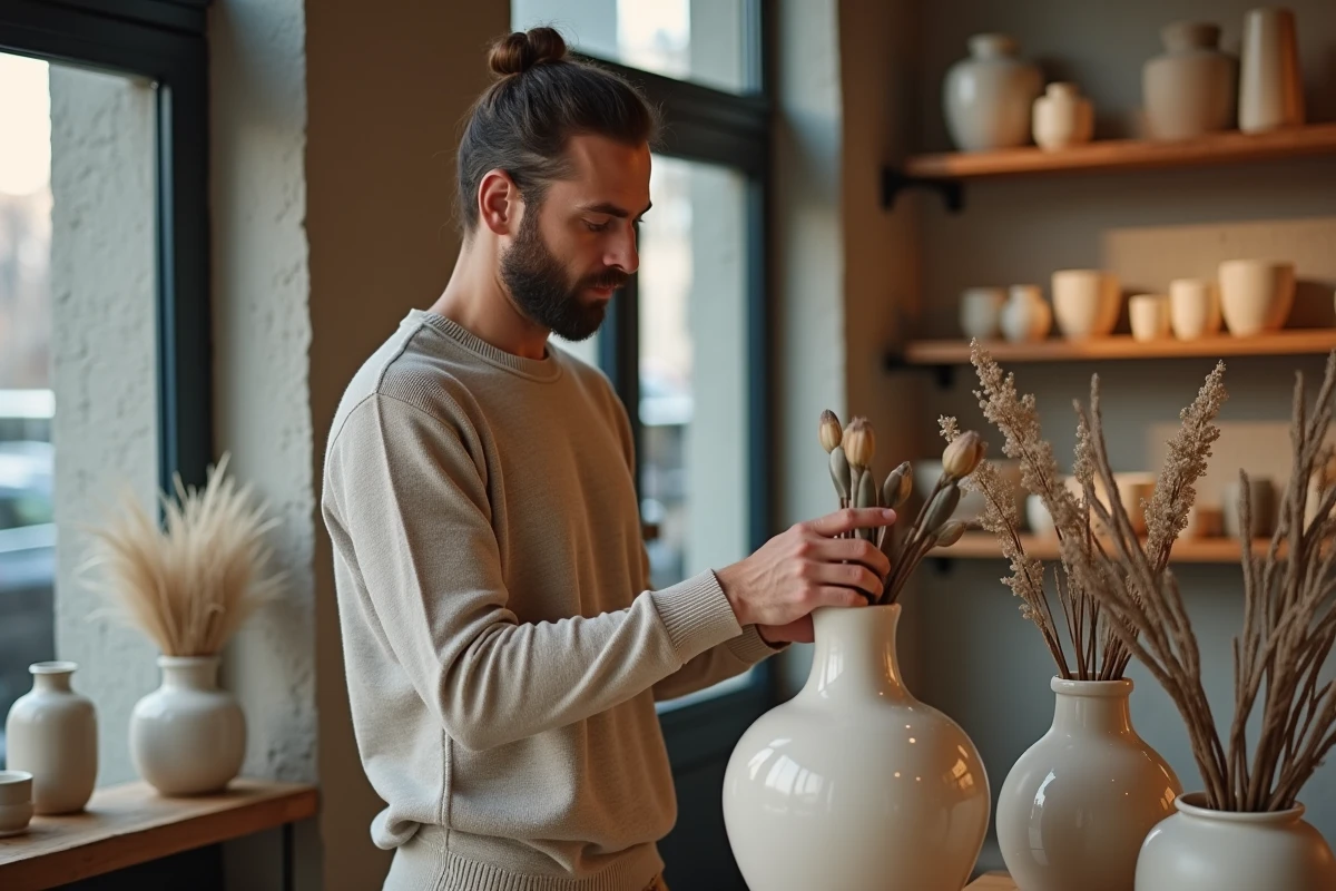Homme avec barbe examinant un vase en boutique déco