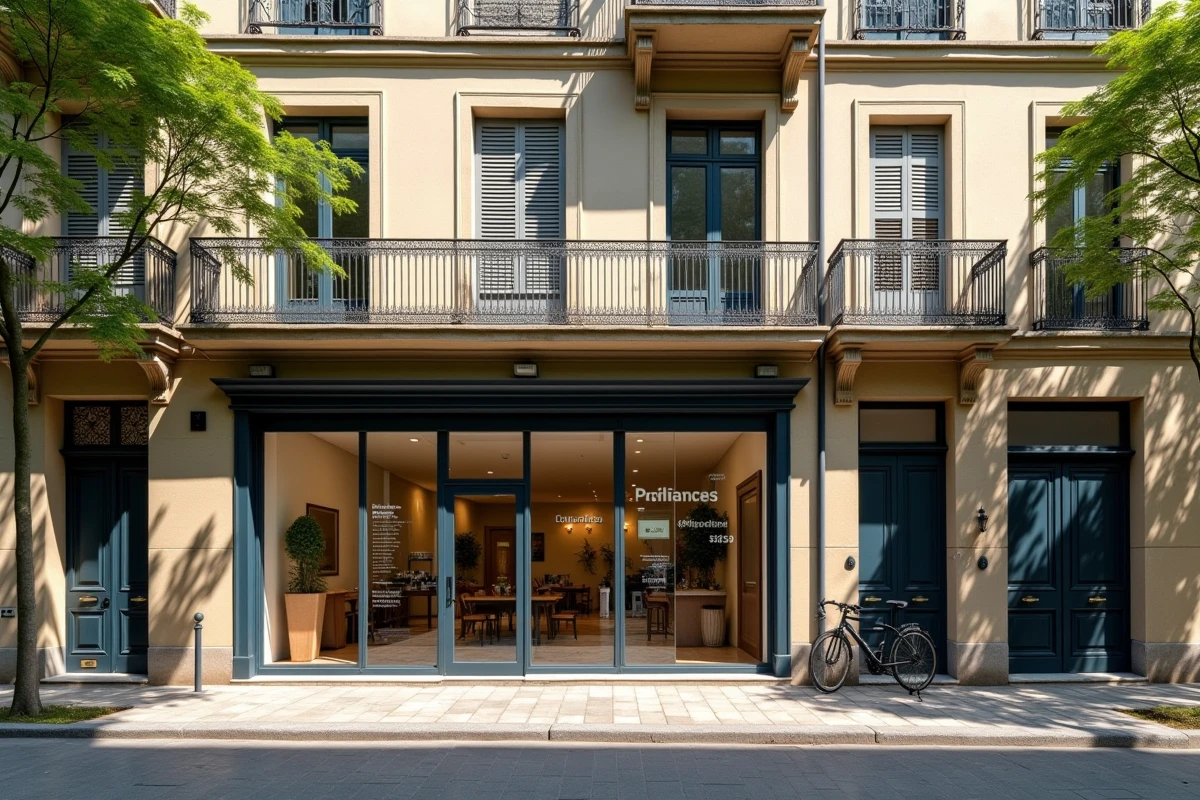 Immeuble à usage mixte avec commerce en rez-de-chaussée et appartements résidentiels aux étages dans une rue urbaine européenne