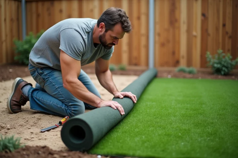 Homme installant un rouleau de gazon synthétique sur une base de sable dans un jardin résidentiel