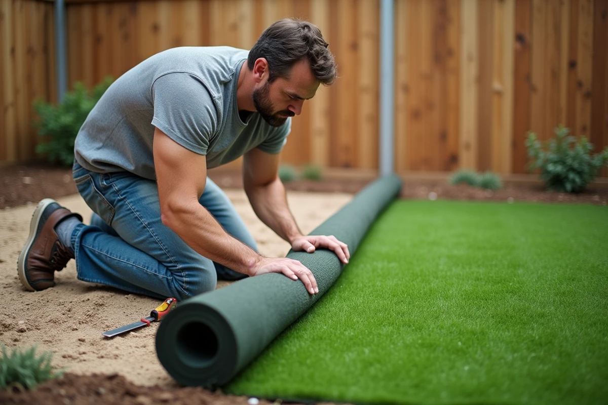 Homme installant un rouleau de gazon synthétique sur une base de sable dans un jardin résidentiel