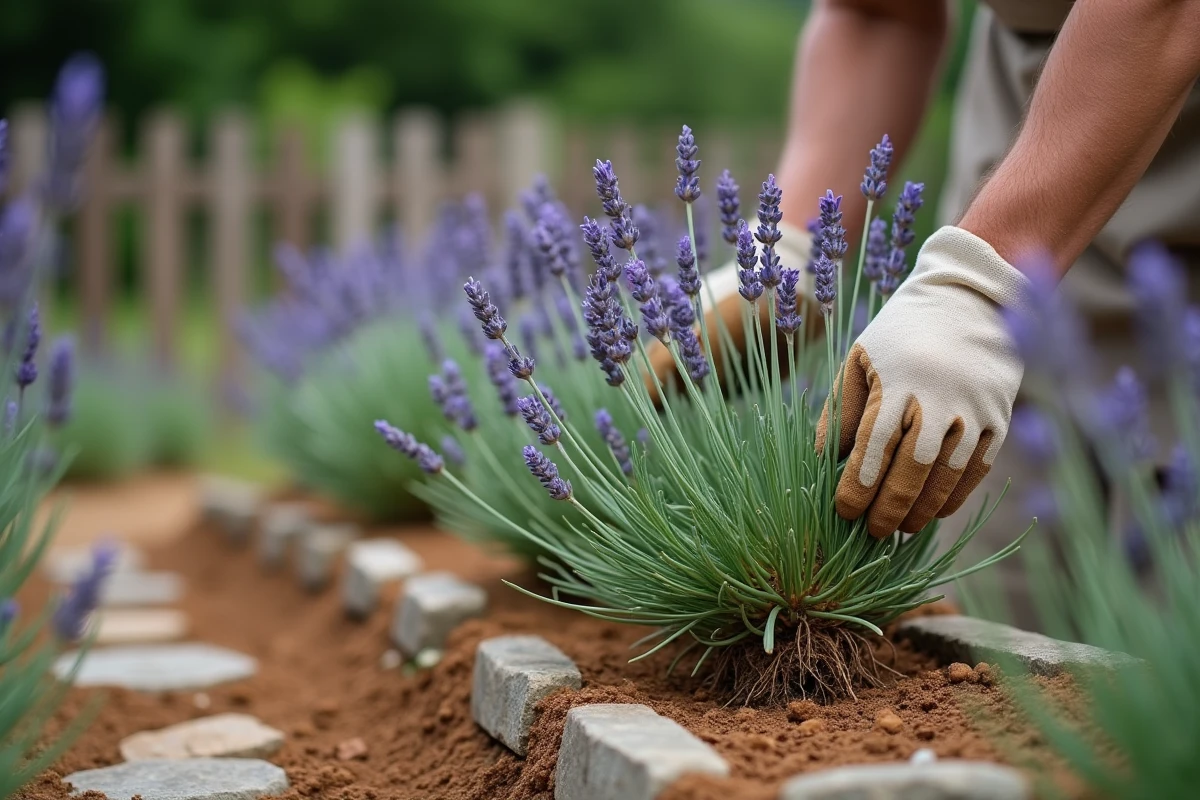Giardiniere che ispeziona le radici di una pianta di lavanda malata con marciume basale in un giardino provenzale