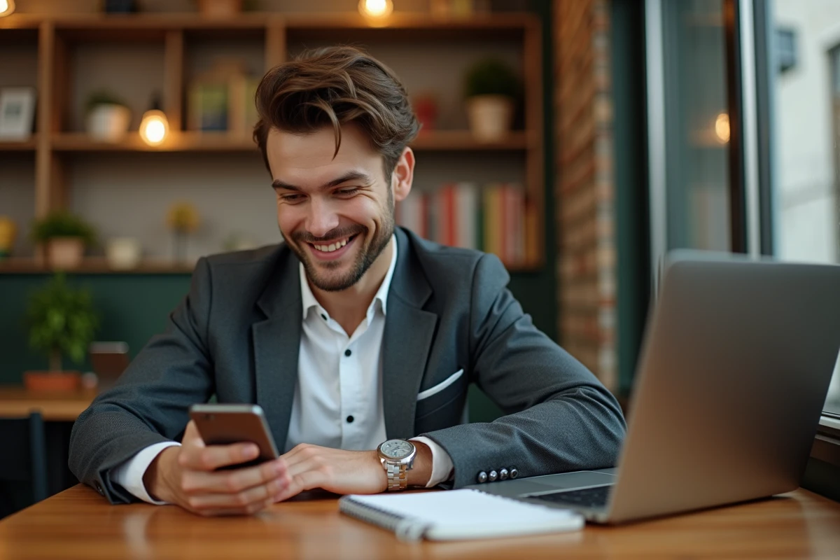 Jeune entrepreneur souriant avec ordinateur dans un café