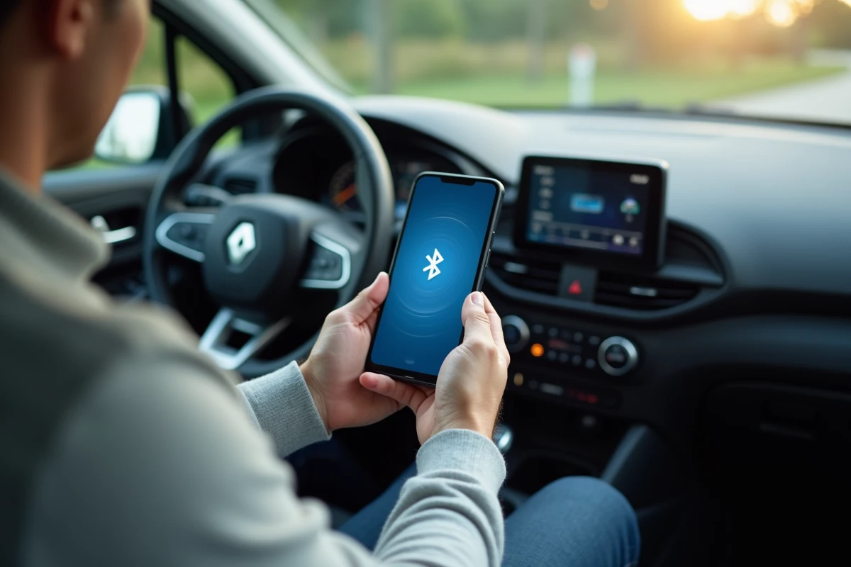 Homme jumelant son smartphone en bluetooth avec une Renault Clio 3