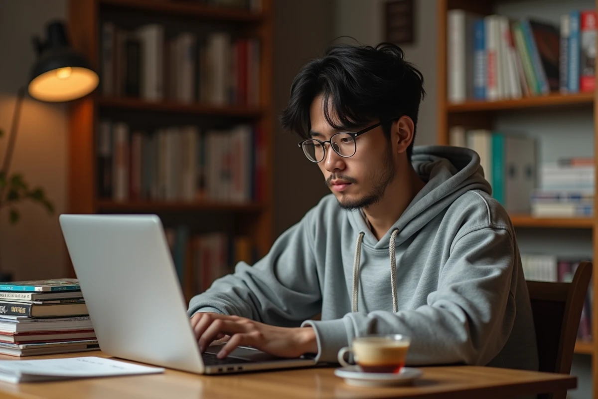 Jeune homme lisant des mangas en ligne sur un ordinateur portable après la fermeture d'un site de scan