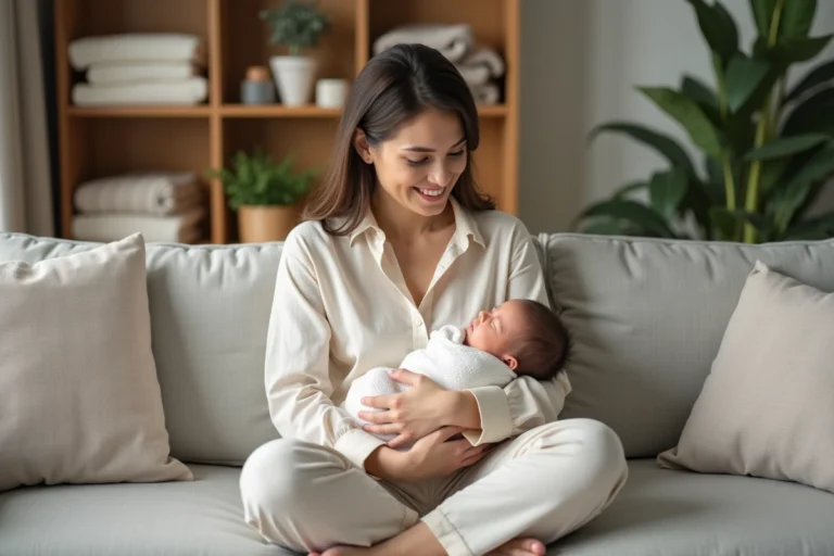 Jeune mère tenant tendrement son nouveau-né dans les bras dans un salon familial chaleureux et bien organisé