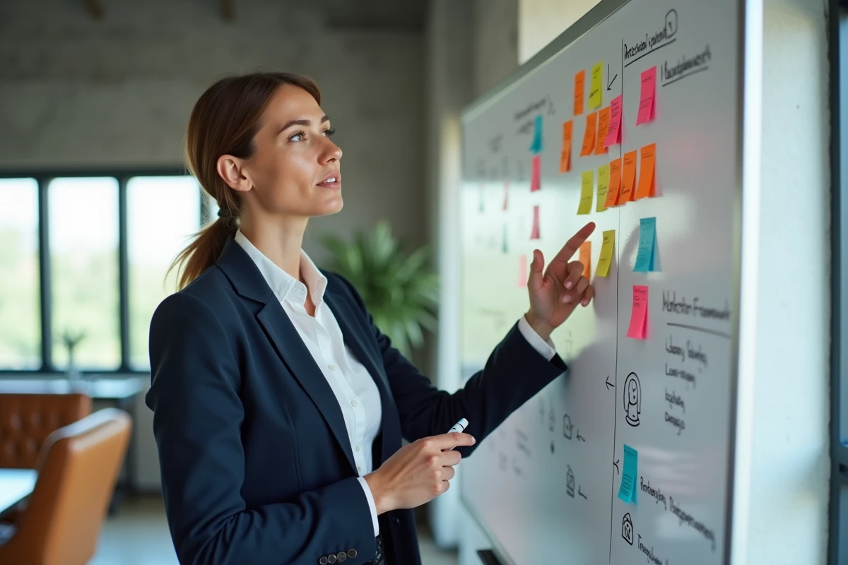 Professionnelle expliquant la méthode marketing 8P devant un tableau blanc avec des notes colorées en entreprise