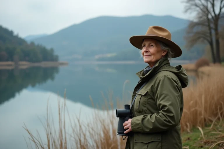 Ornithologue amateur observant les oiseaux au bord du lac d'Aiguebelette avec des jumelles