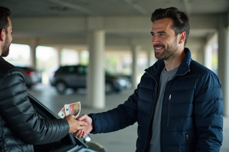 Passager remettant des billets en espèces à un conducteur lors d'un covoiturage Blablacar dans un parking
