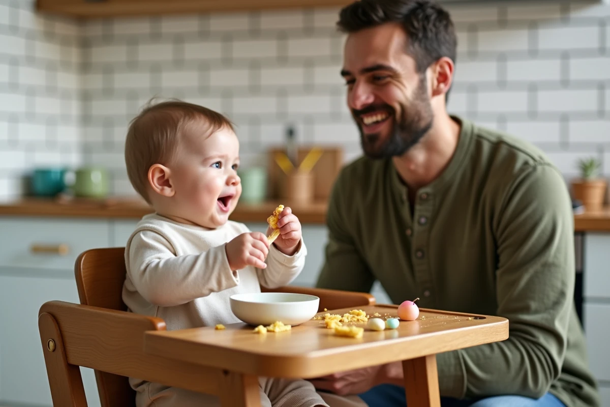 Père aidant son bébé à découvrir la diversification alimentaire dans une cuisine familiale moderne et lumineuse