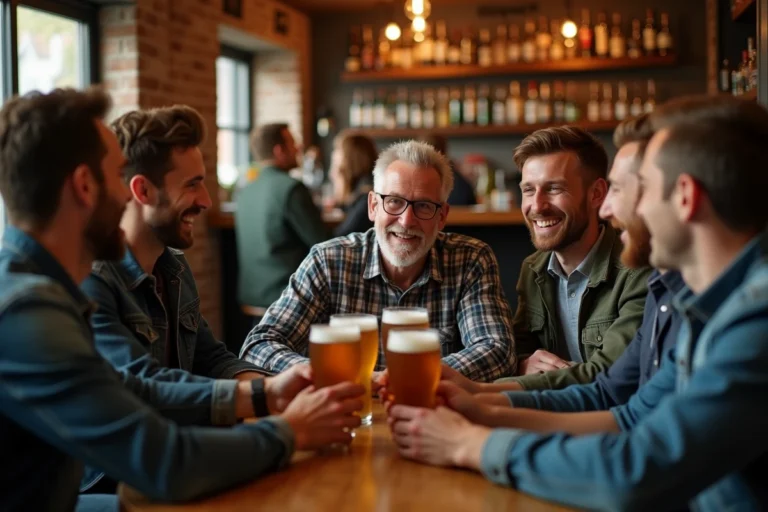 Groupe d'hommes dont un père quinquagénaire portant un toast avec des verres de bière dans un bar chaleureux lors d'un enterrement de vie de garçon