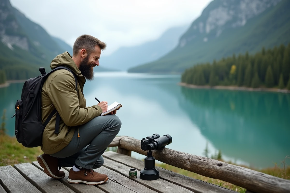 Photographe naturaliste sur une plateforme d'observation ornithologique au lac d'Aiguebelette