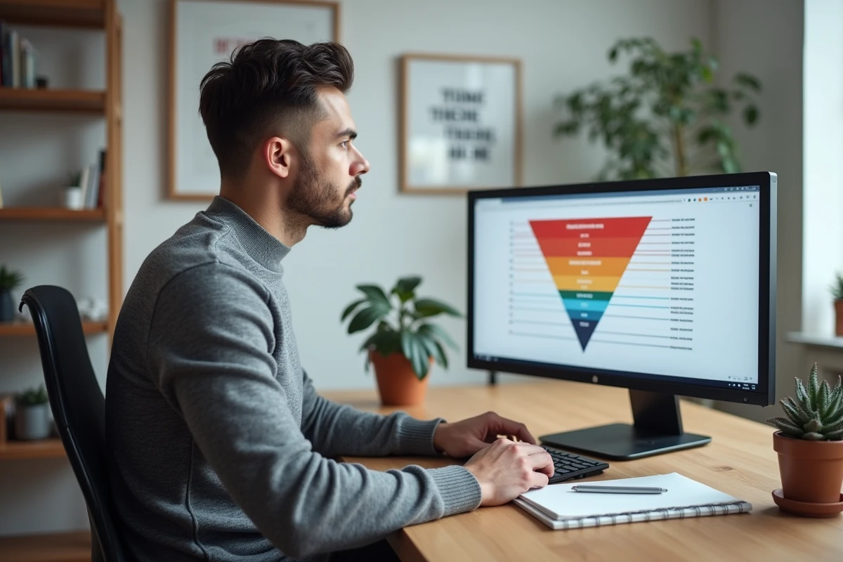 Professionnel travaillant seul sur une stratégie marketing 8P devant son ordinateur dans un bureau moderne
