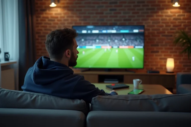 Homme regardant un match de football en streaming légalement sur sa télévision depuis son salon