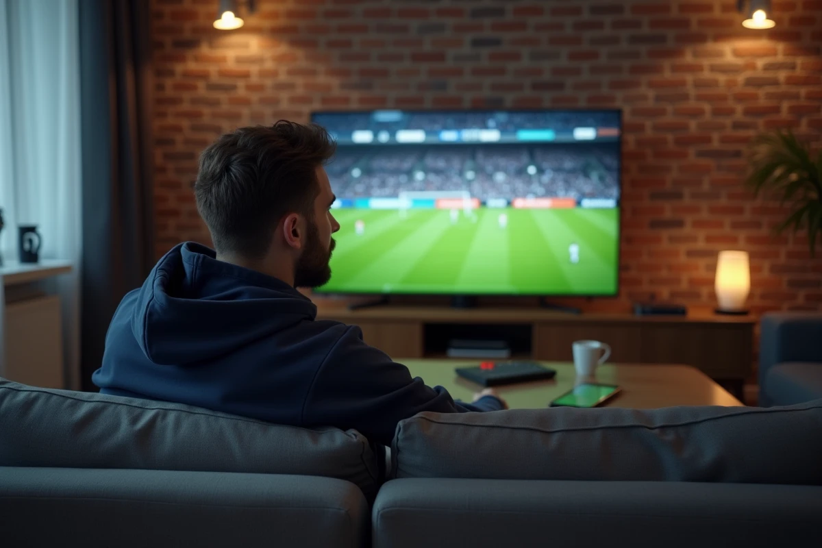 Homme regardant un match de football en streaming légalement sur sa télévision depuis son salon