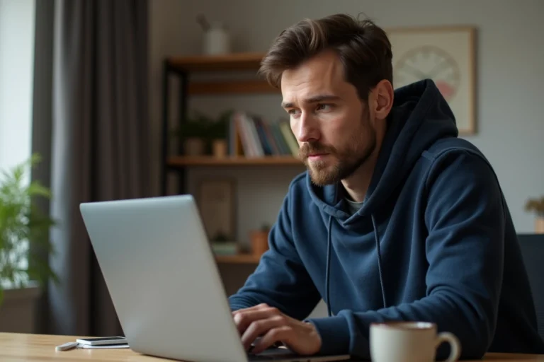 Homme utilisant un ordinateur portable pour télécharger des fichiers sur une plateforme en ligne depuis son bureau à domicile