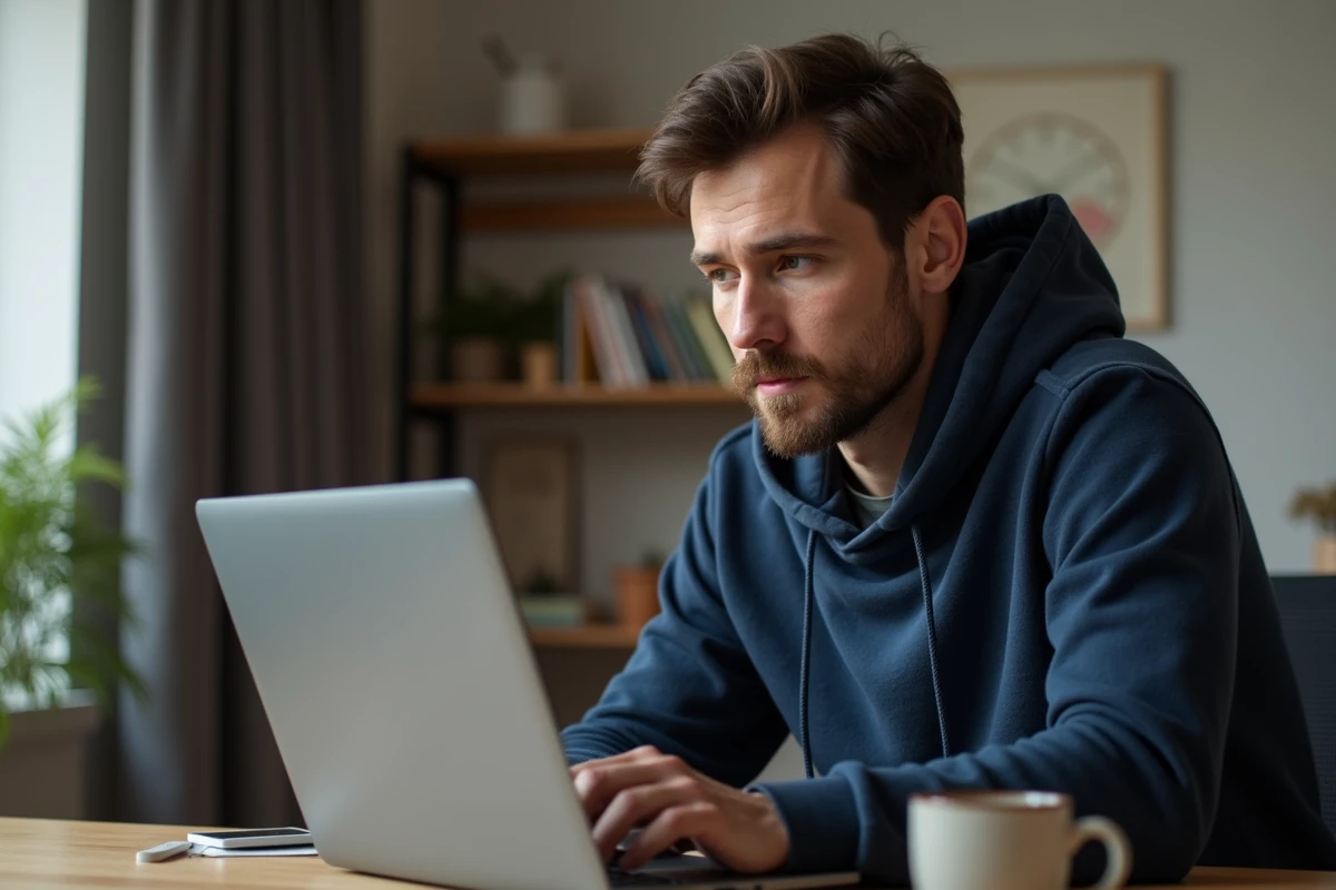 Homme utilisant un ordinateur portable pour télécharger des fichiers sur une plateforme en ligne depuis son bureau à domicile