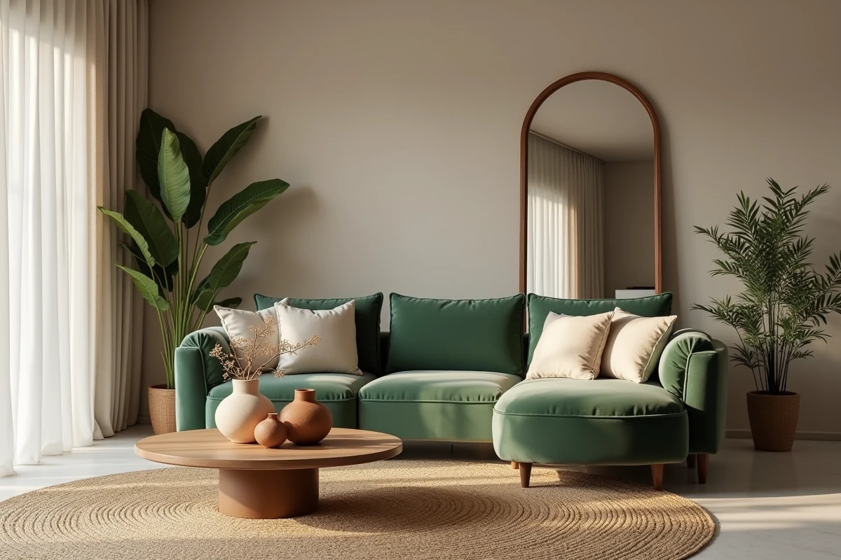 Salon décoré selon les tendances déco 2024 avec canapé velours vert sauge et accessoires en céramique terracotta