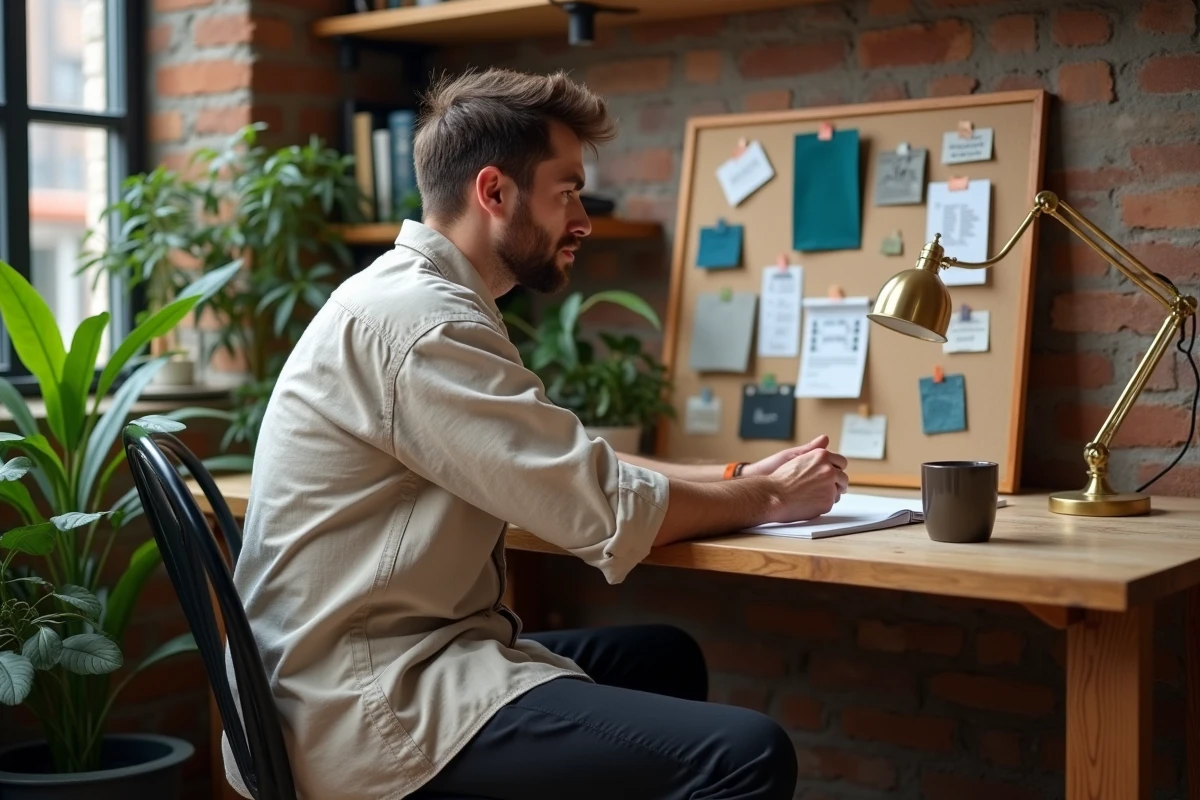 Homme consultant un moodboard de tendances mode et déco 2024 dans un bureau home office authentique