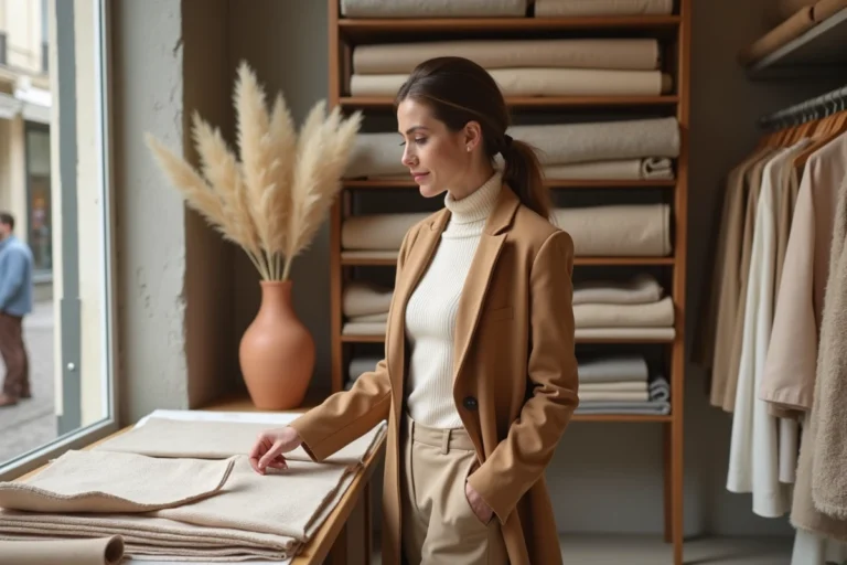 Femme élégante en manteau camel explorant des tendances mode 2024 dans une boutique minimaliste parisienne