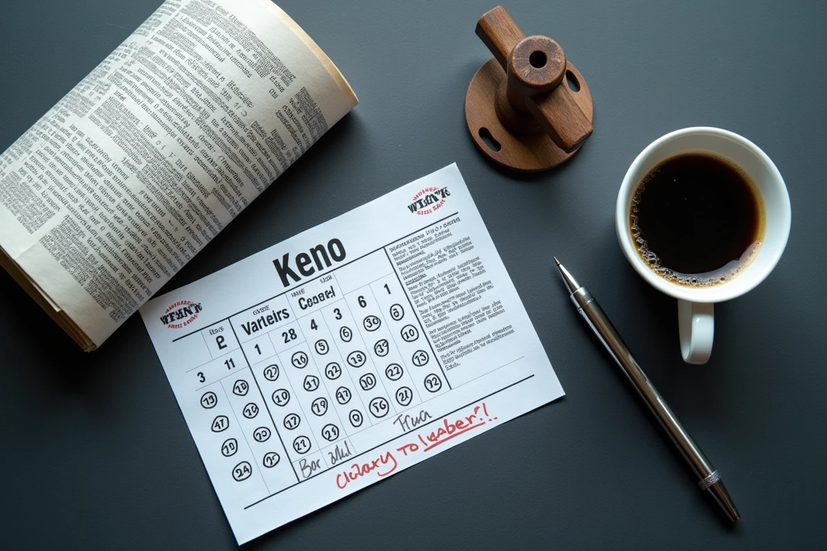 Vue aérienne d'un ticket Keno, stylo annoté et statistiques de tirage sur ardoise