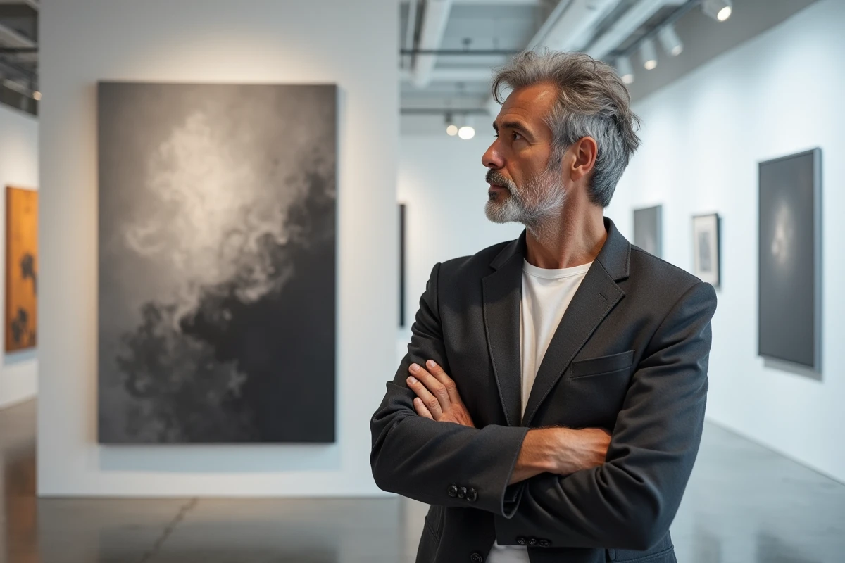 Homme grand aux cheveux gris dans une galerie d'art moderne, représentant la passion artistique et la fortune culturelle de Viggo Mortensen, connu pour ses activités de peintre et poète