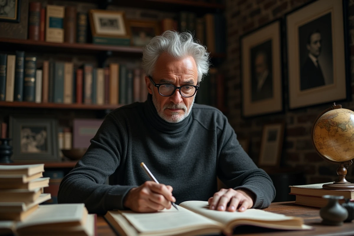 Homme élégant aux cheveux argentés dans un bureau privé rempli de livres, illustrant la vie intellectuelle et artistique de Viggo Mortensen, acteur et artiste polyvalent