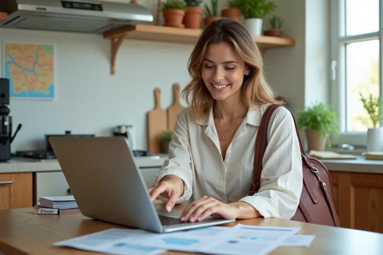 Femme consultant des offres de voyage dernière minute sur un ordinateur portable avec une carte de fidélité Leclerc et une carte de Nantes posées sur la table